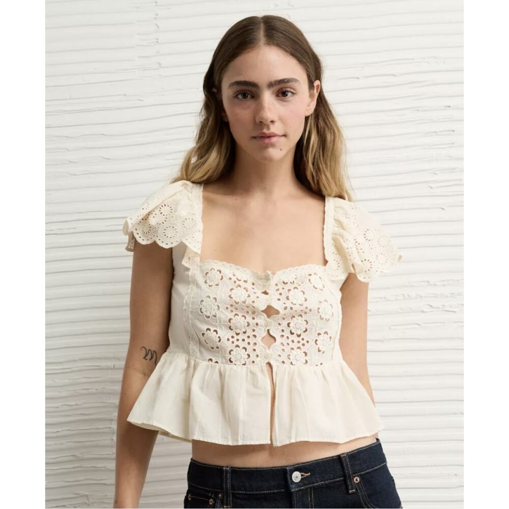 American Eagle Eyelet Lace Peplum Top Womens M Ivory Cottagecore Boho NWT